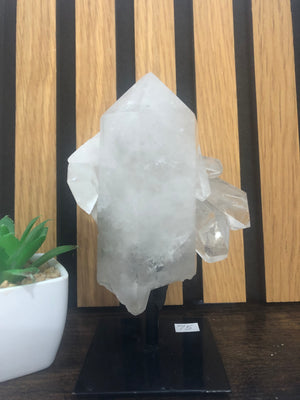 Raw-polished clear Quartz on stand