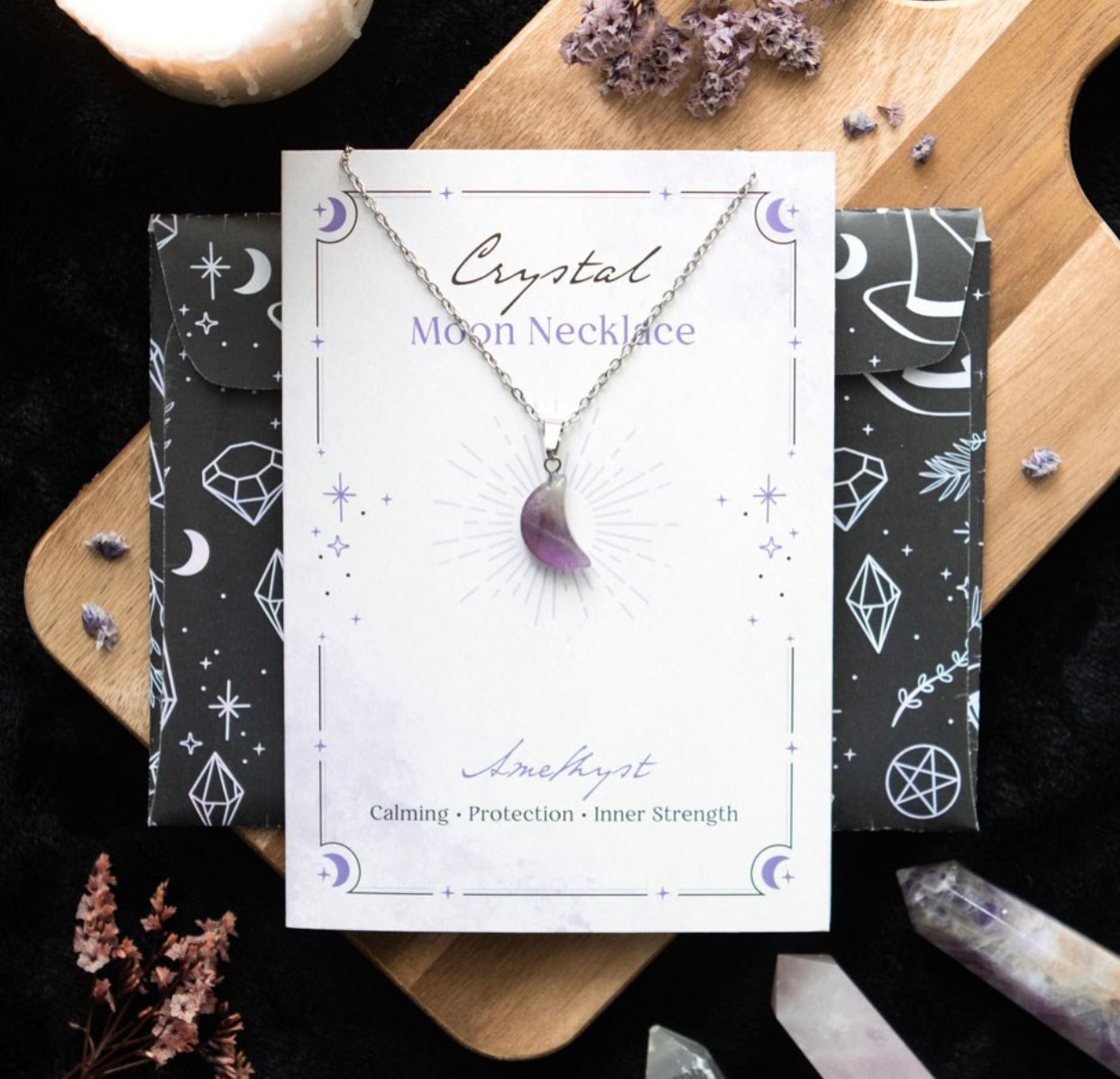 AMETHYST CRYSTAL MOON NECKLACE ON GREETING CARD