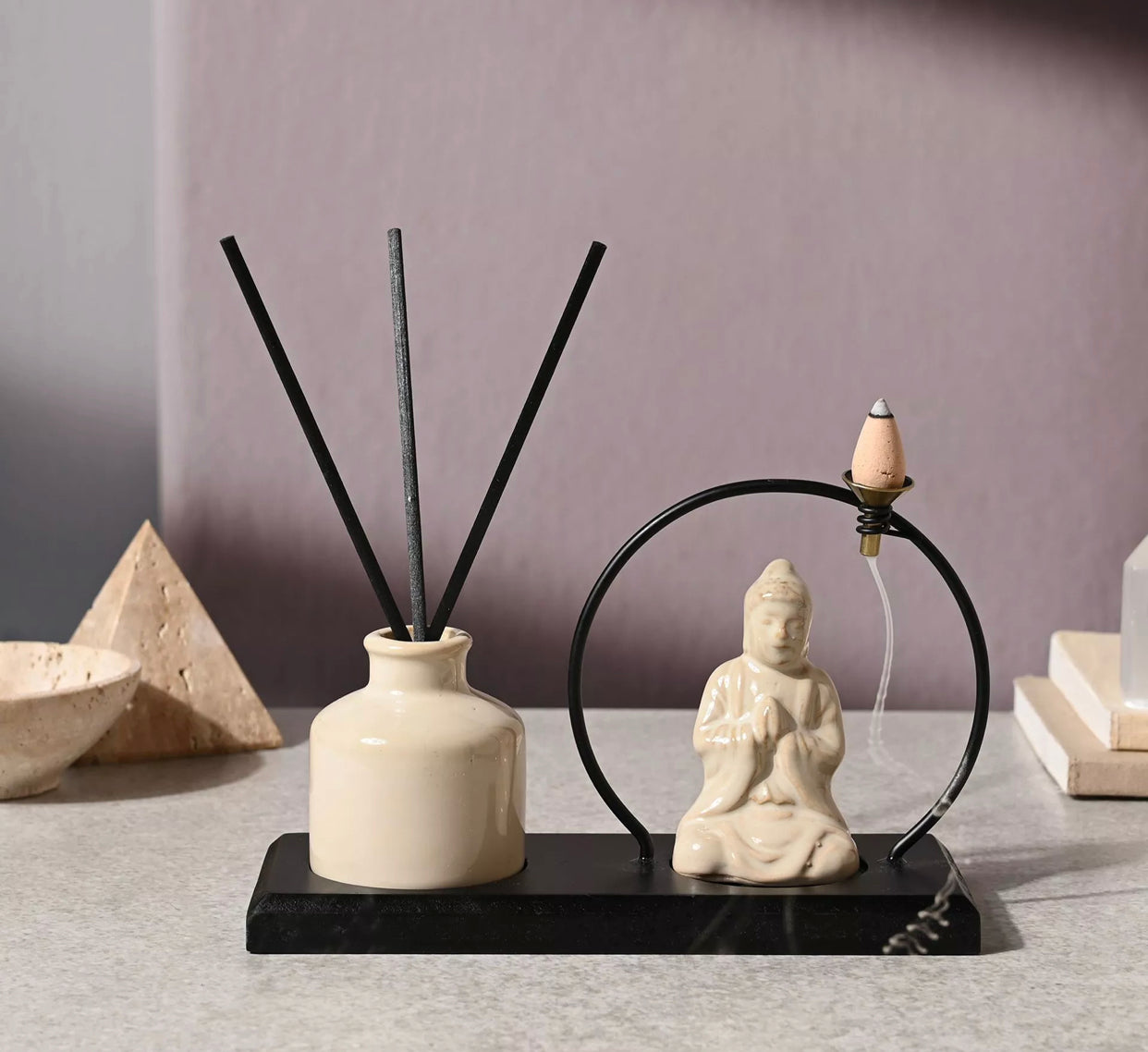 SERENITY BUDDHA INCENSE & DIFFUSER HOLDER GIFT SET - CREAM WITH BLACK BASE