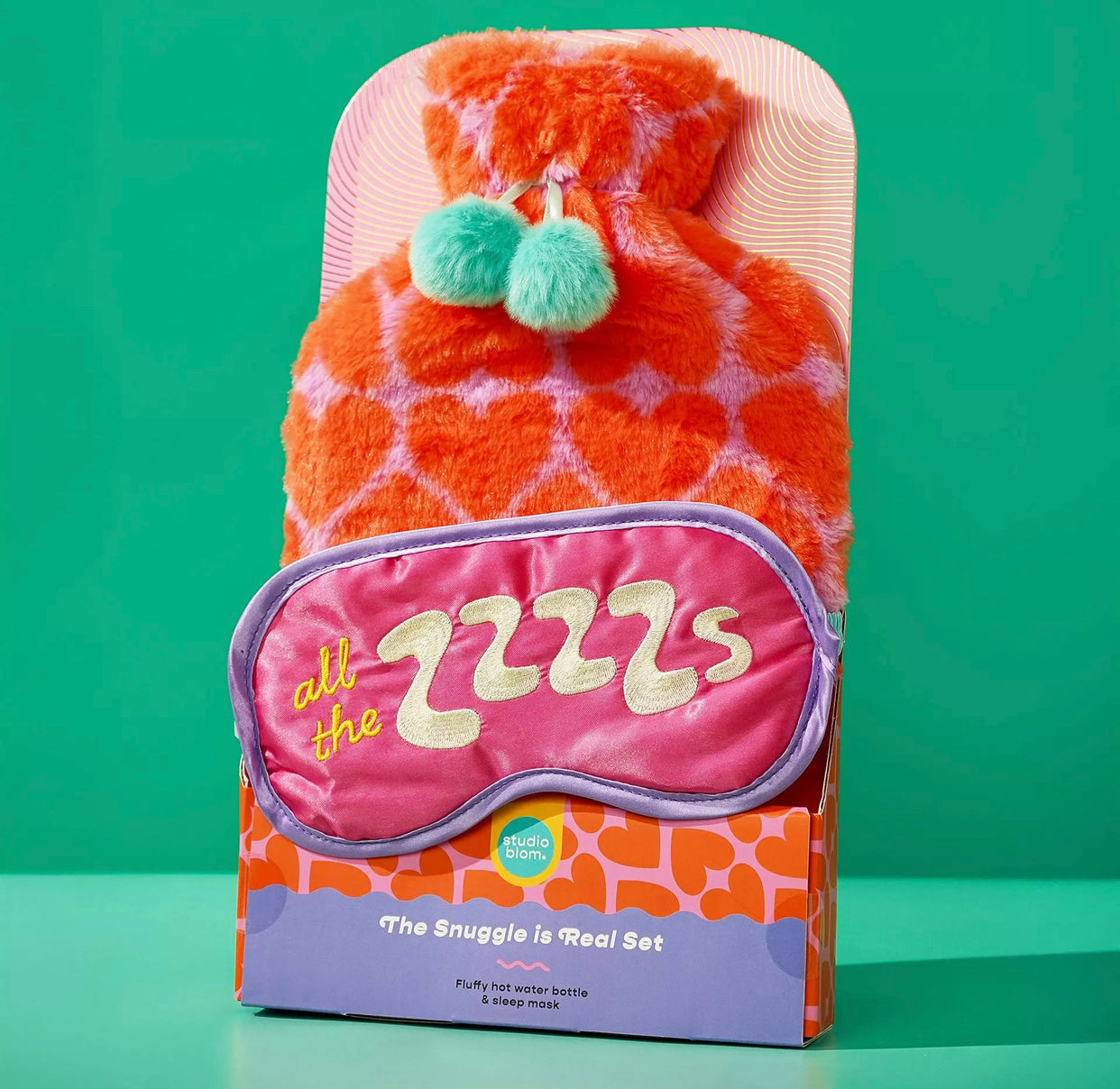 STUDIO BLOM - THE SNUGGLE IS REAL - FURRY 1.5L HOT WATER BOTTLE AND SILK EYE MASK GIFT SET