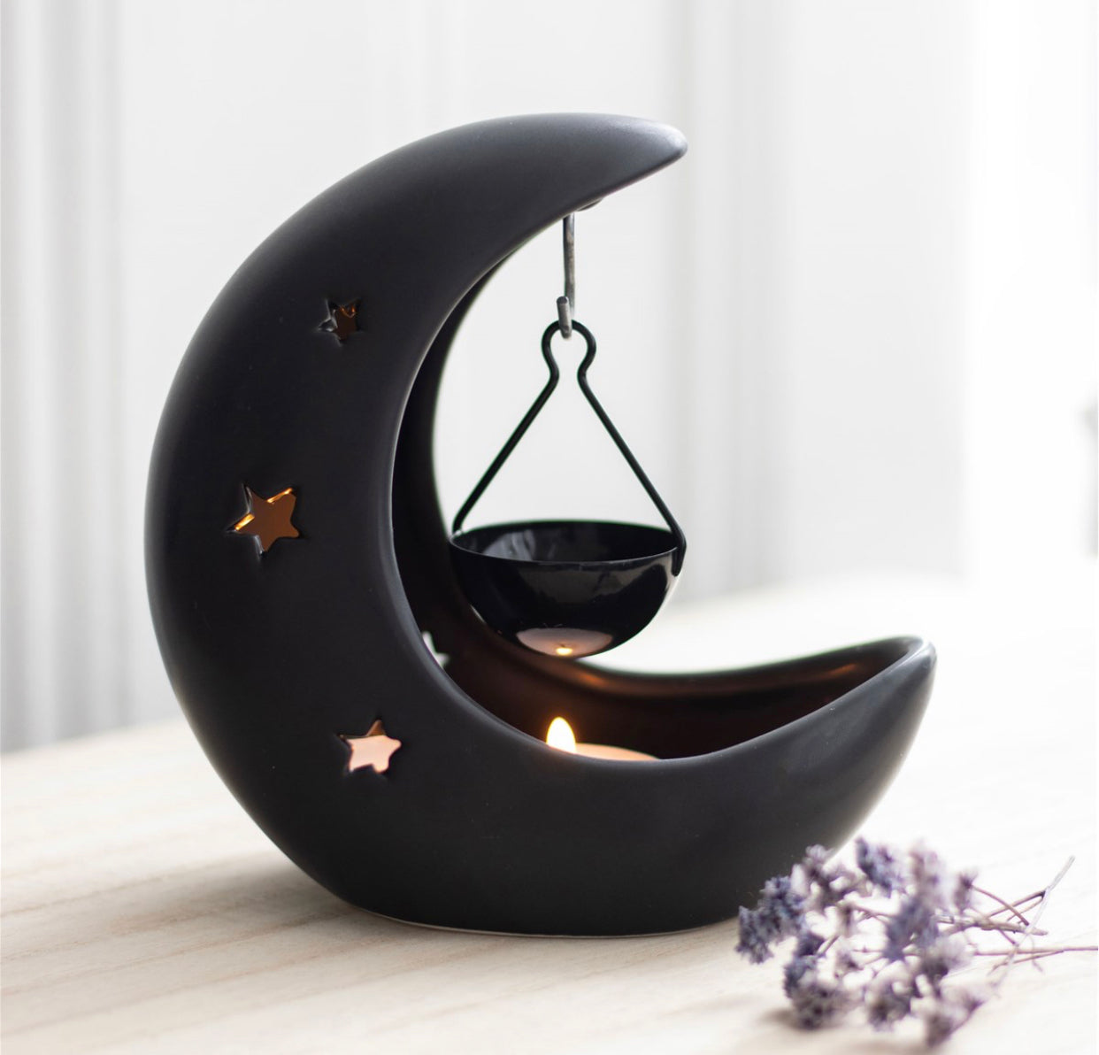 BLACK CRESCENT MOON HANGING OIL BURNER