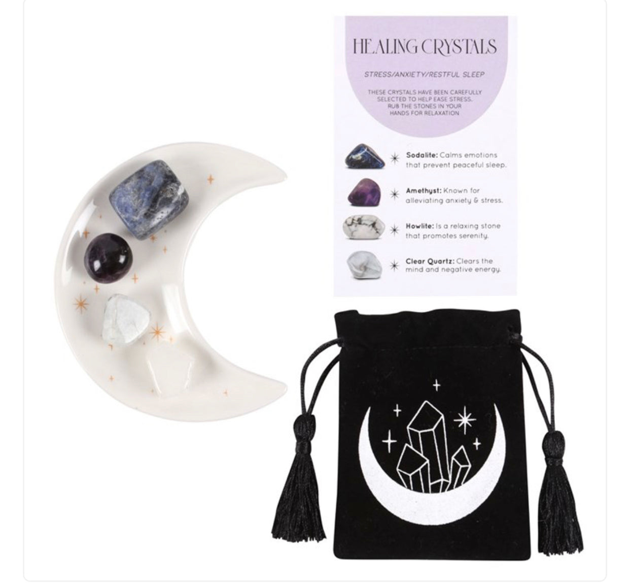 STRESS HEALING CRYSTAL SET WITH MOON TRINKET DISH