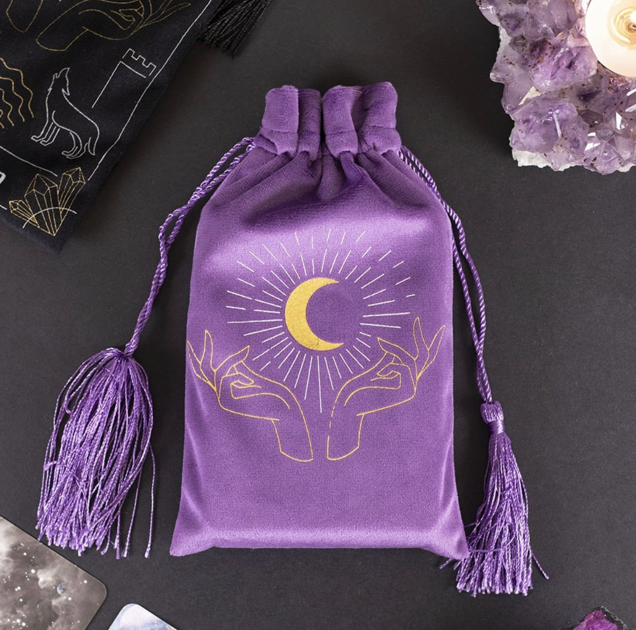 PURPLE TAROT HANDS DRAWSTRING POUCH