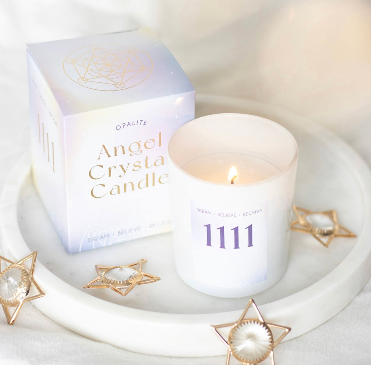 Opalite angel crystal candle