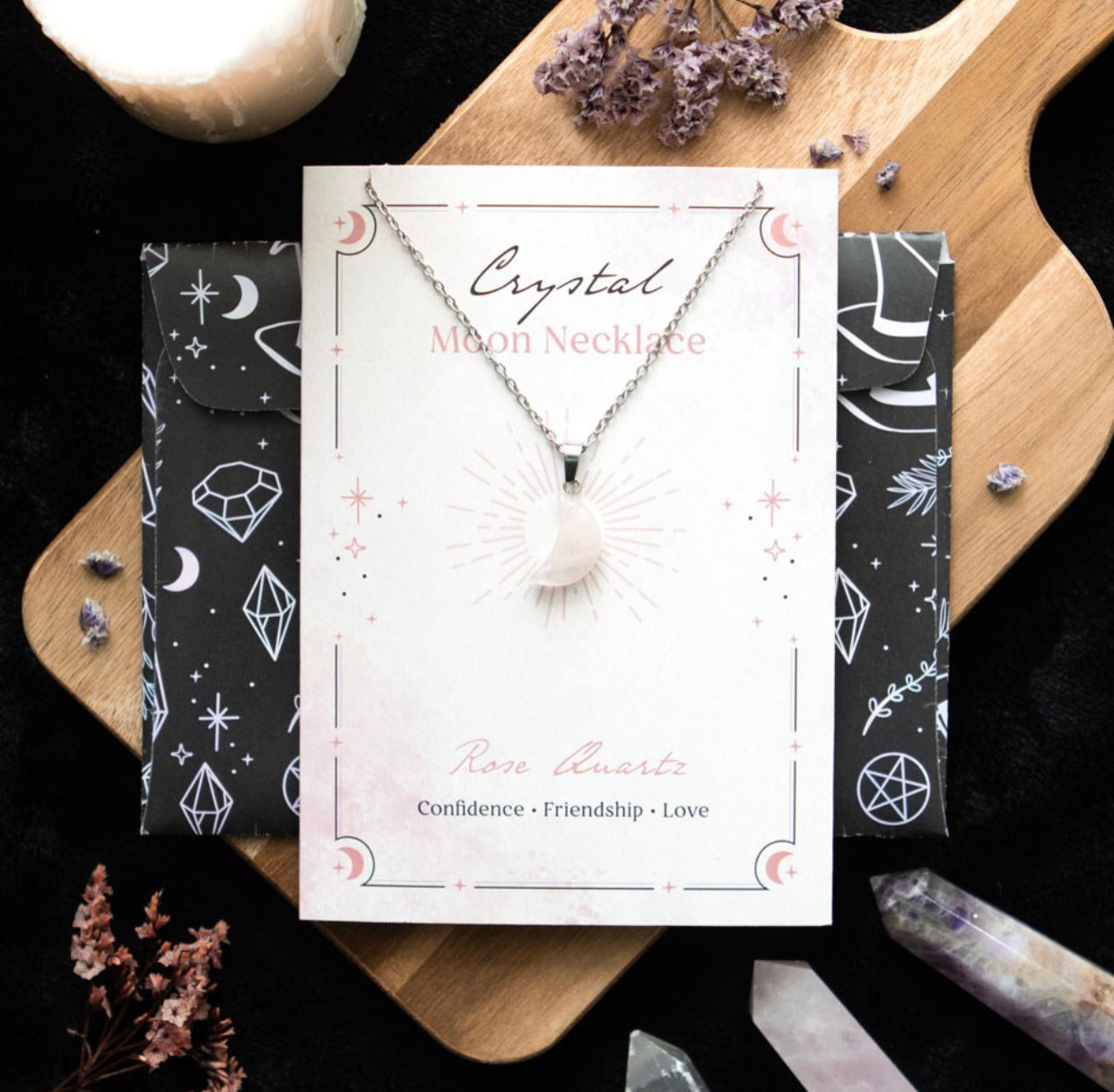 ROSE QUARTZ CRYSTAL MOON NECKLACE ON GREETING CARD