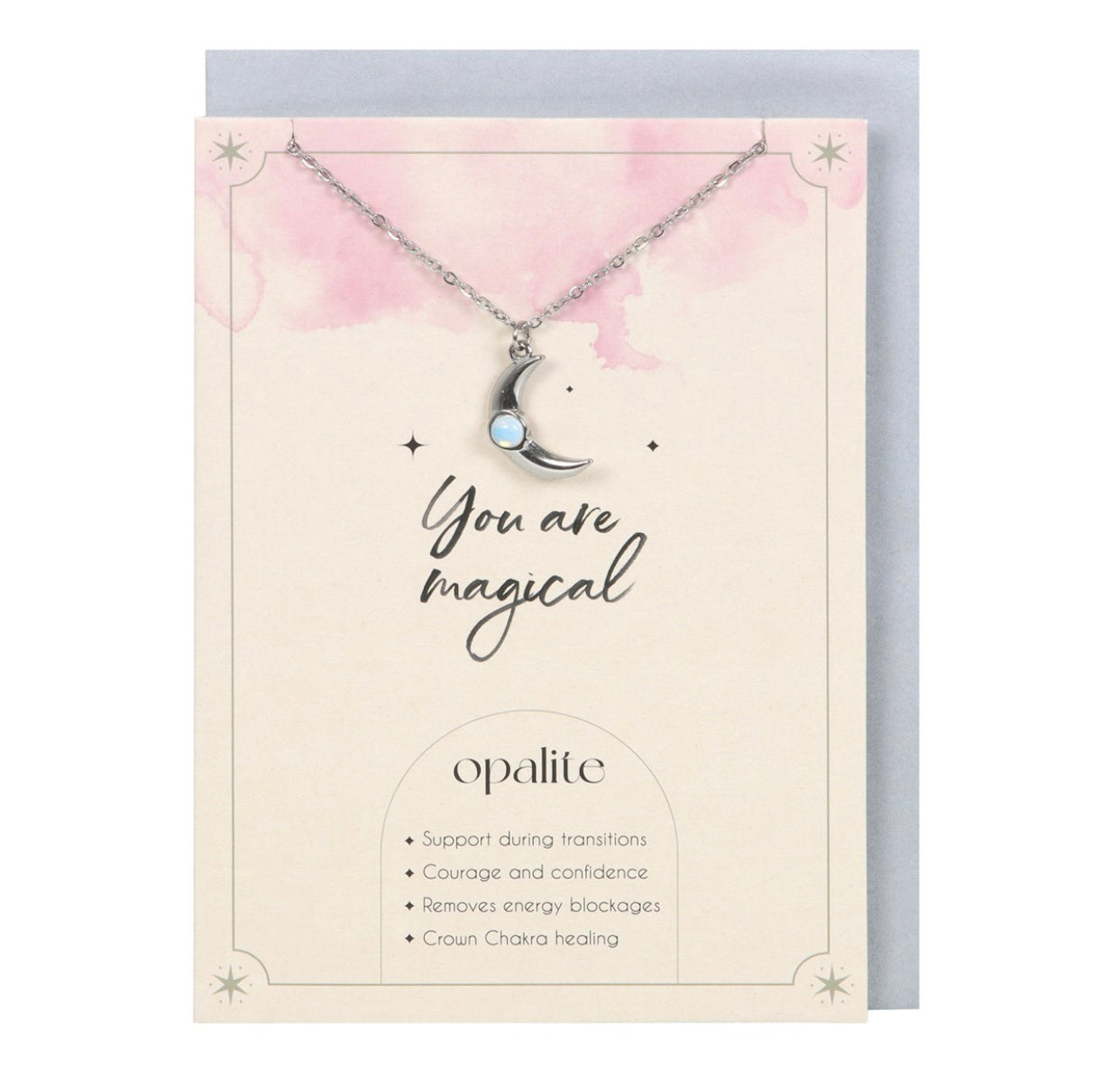 OPALITE CRESCENT MOON NECKLACE ON CARD