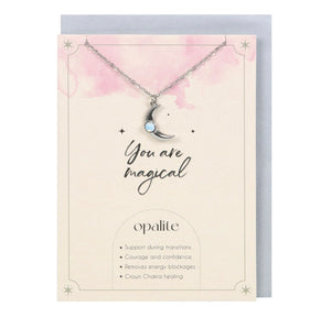 OPALITE CRESCENT MOON NECKLACE ON CARD