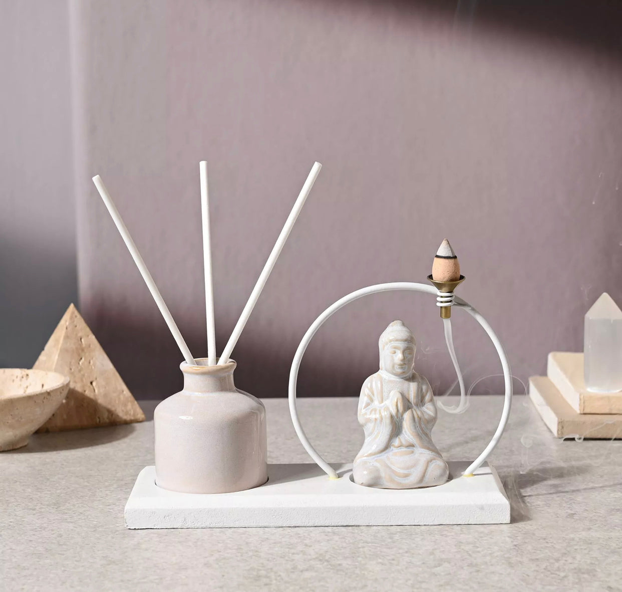 SERENITY BUDDHA INCENSE & DIFFUSER HOLDER GIFT SET - WHITE