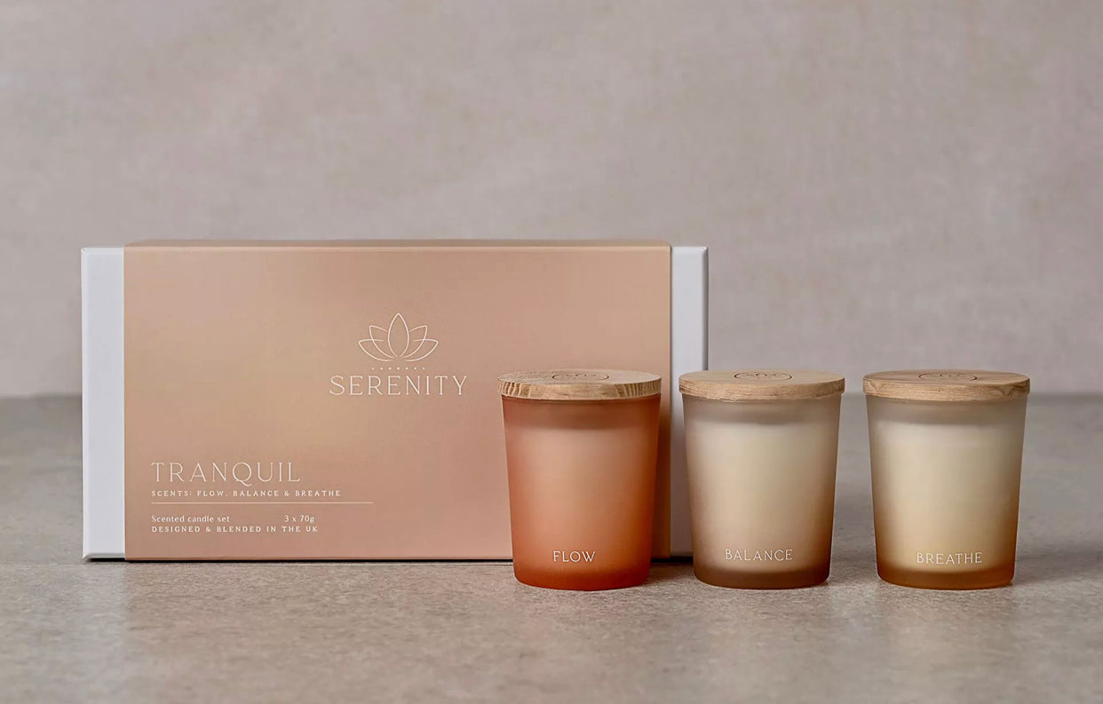 SERENITY TRANQUIL SET OF 3 VOTIVE CANDLES - FLOW, BALANCE & BREATHE