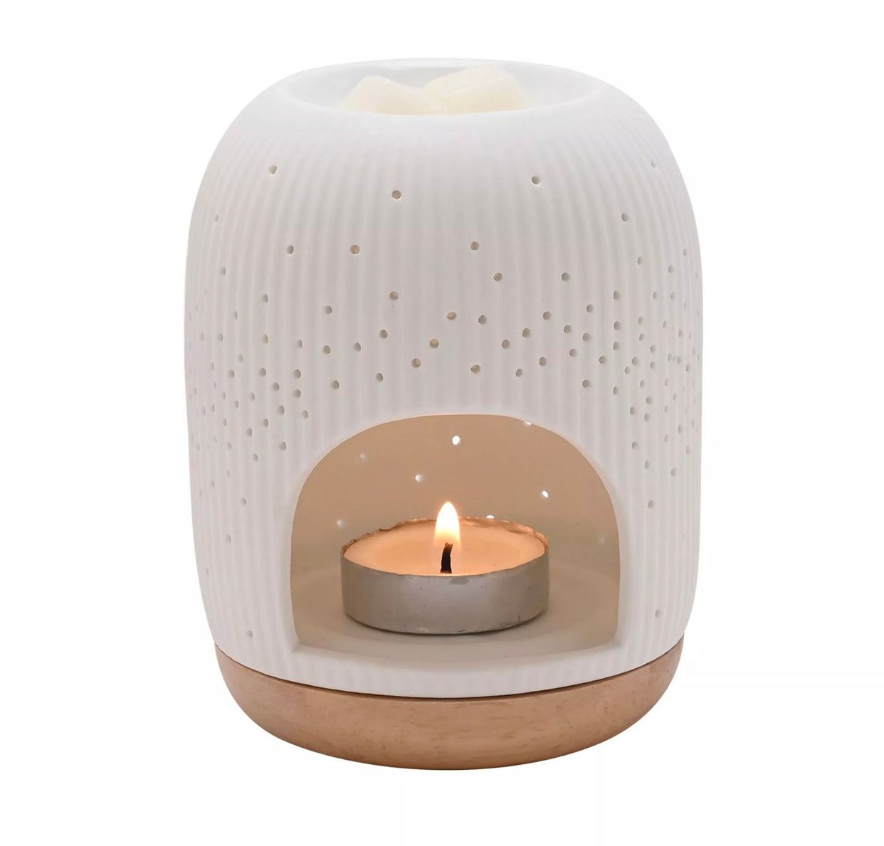 HESTIA WHITE RINGED CERAMIC WAX MELT BURNER WITH PIN HOLE DETAIL