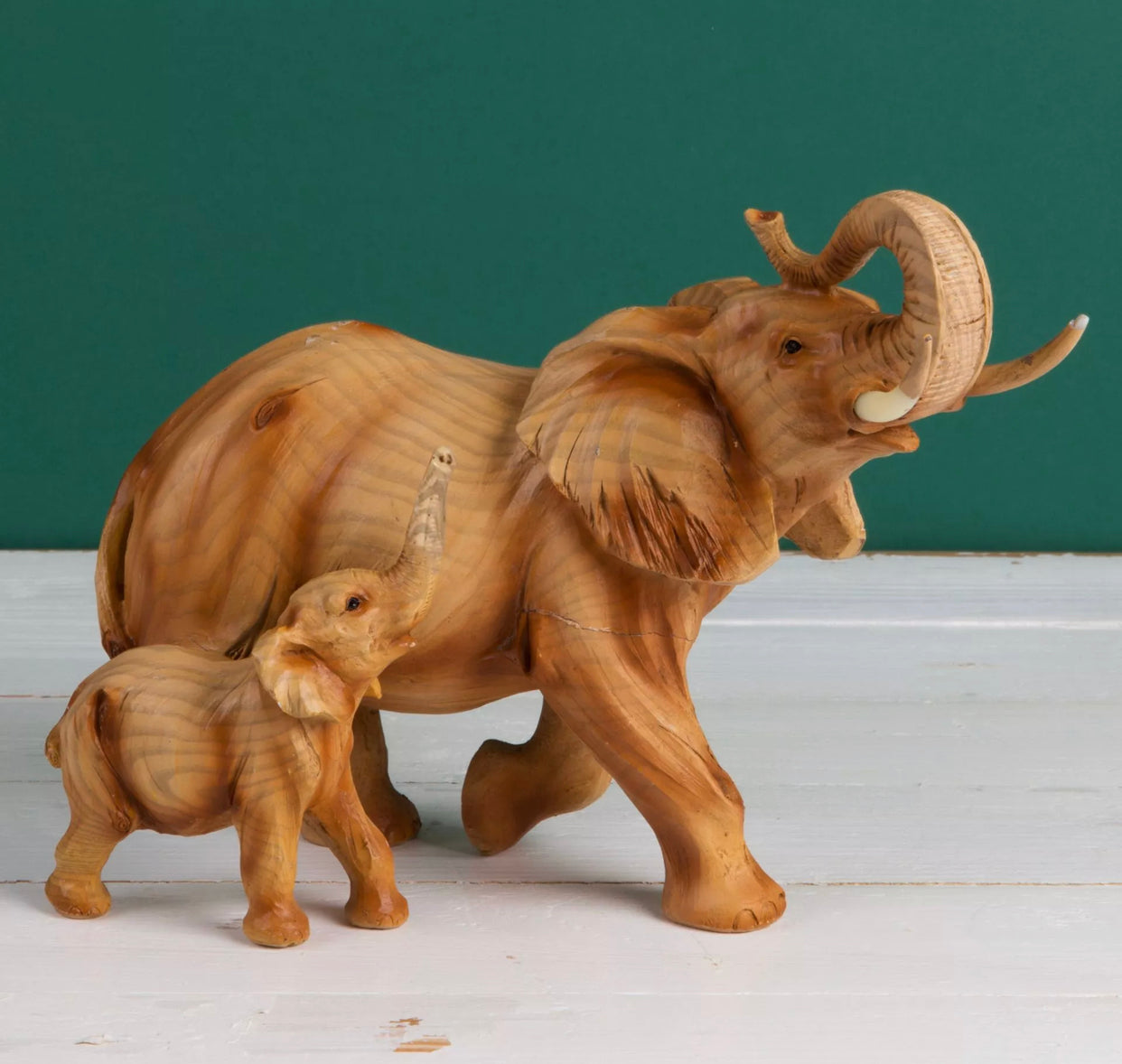 NATURECRAFT WOOD EFFECT RESIN FIGURINE - ELEPHANT & CALF