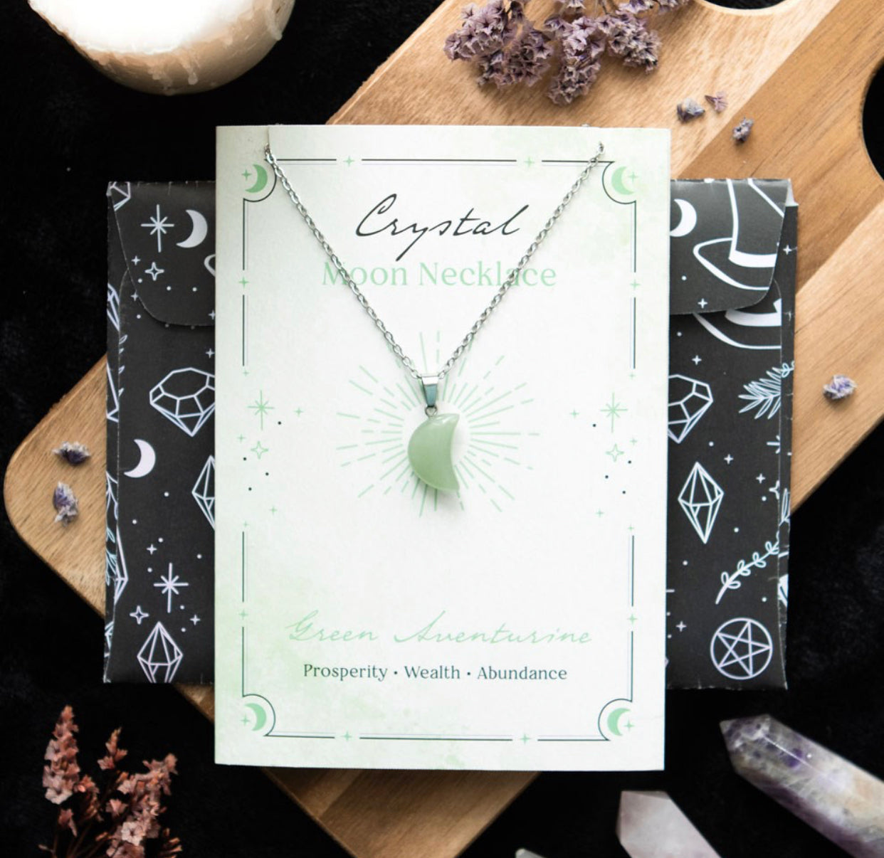 GREEN AVENTURINE CRYSTAL MOON NECKLACE ON GREETING CARD