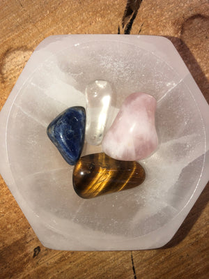 Selenite hex bowl and wellness packs