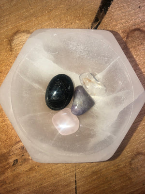 Selenite hex bowl and wellness packs