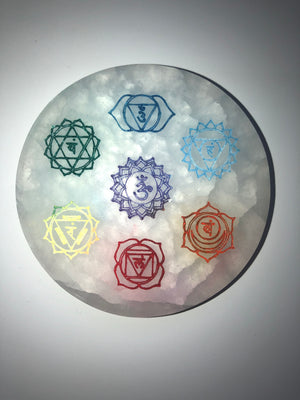 Selenite chakra plate with 7 chakra crystals