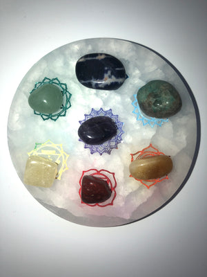 Selenite chakra plate with 7 chakra crystals