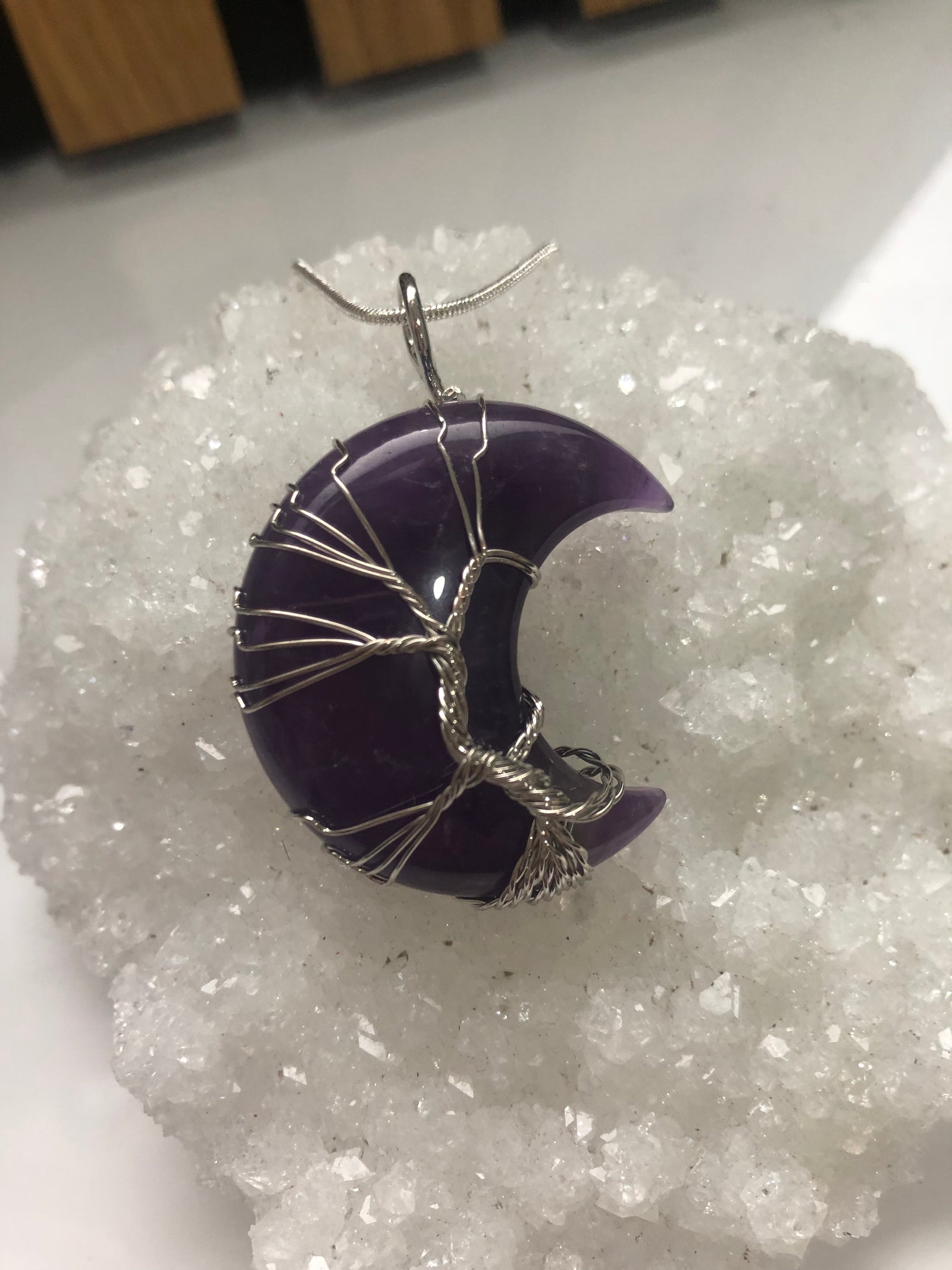 Wrapped amethyst moon pendant
