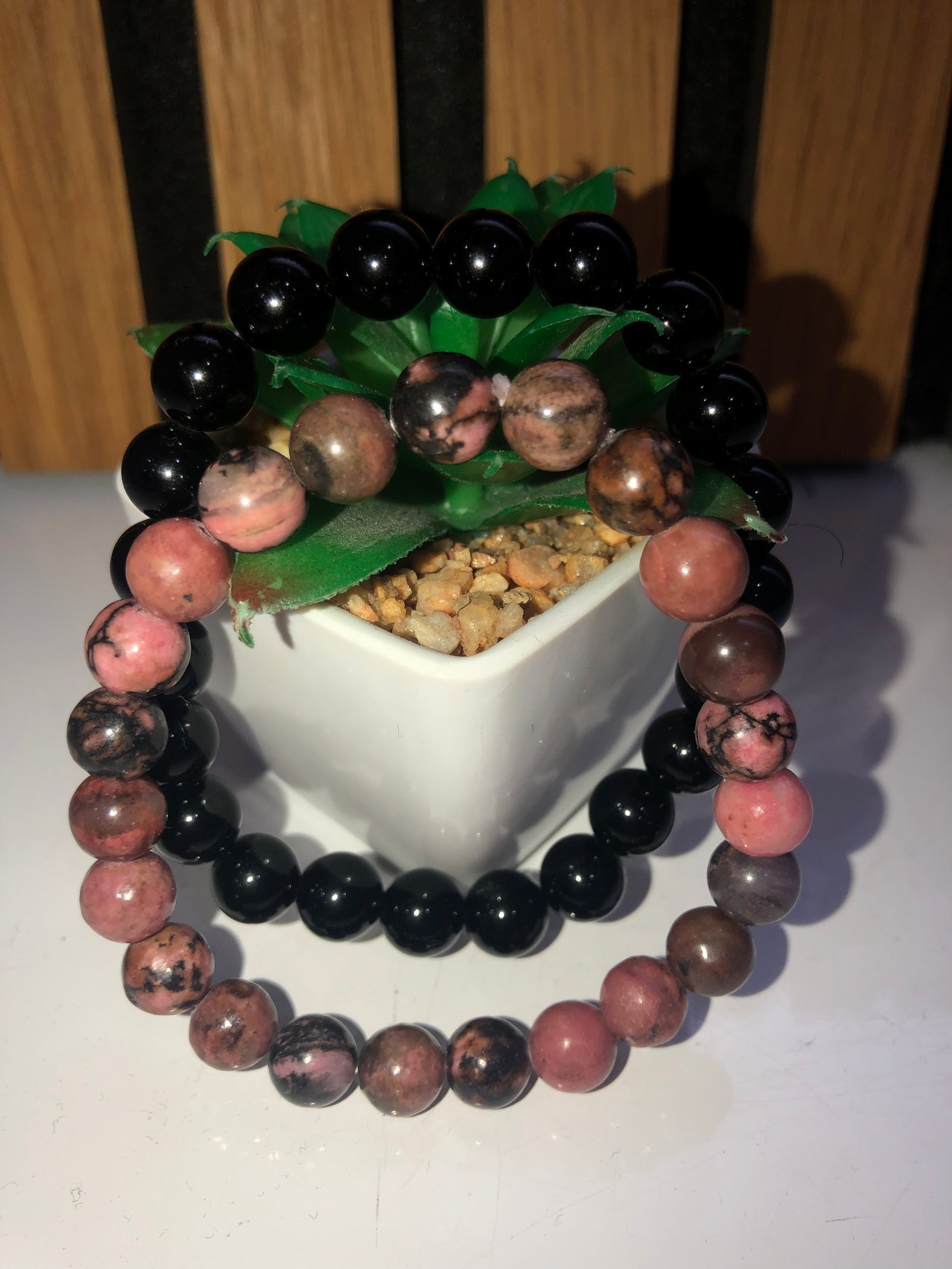 Black obsidian and rhodonite