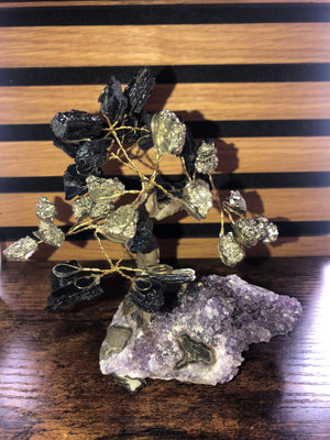 Crystal tree. Pyrite & tourmaline on amethyst base