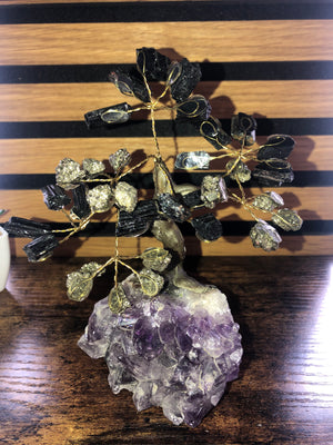 Crystal tree. Pyrite & tourmaline on amethyst base