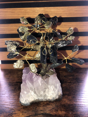 Crystal tree. Pyrite & tourmaline on amethyst base