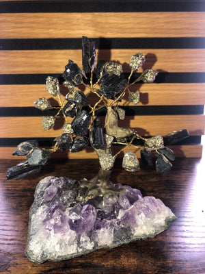 Crystal tree. Pyrite & tourmaline on amethyst base