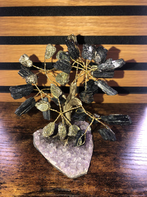 Crystal tree. Pyrite & tourmaline on amethyst base