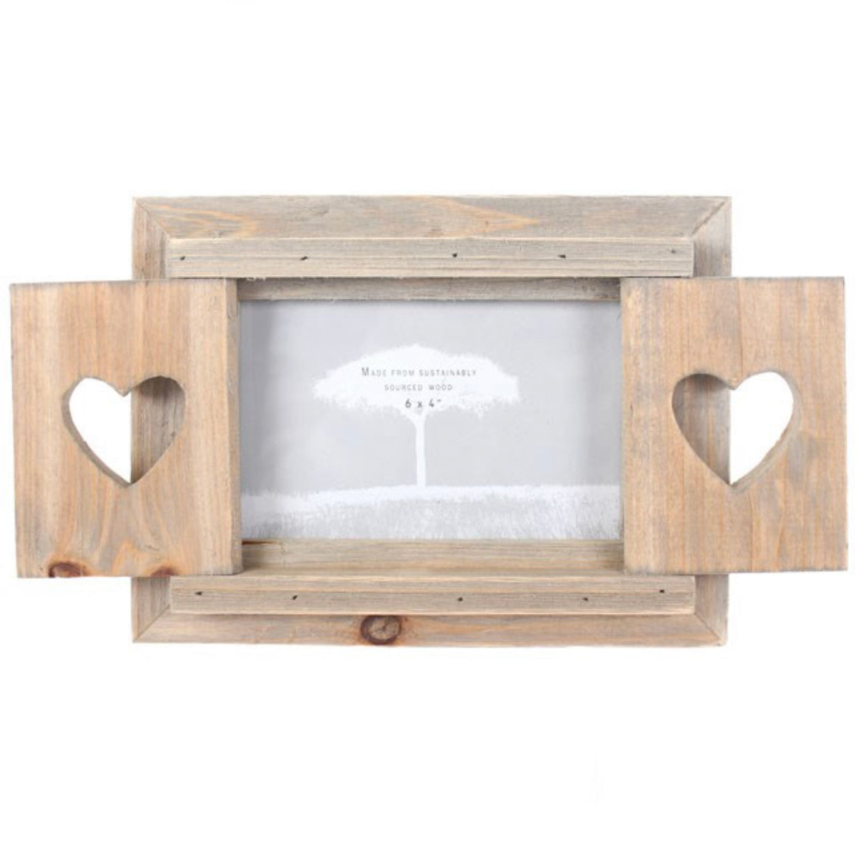 Driftwood photo frame with heart shutters