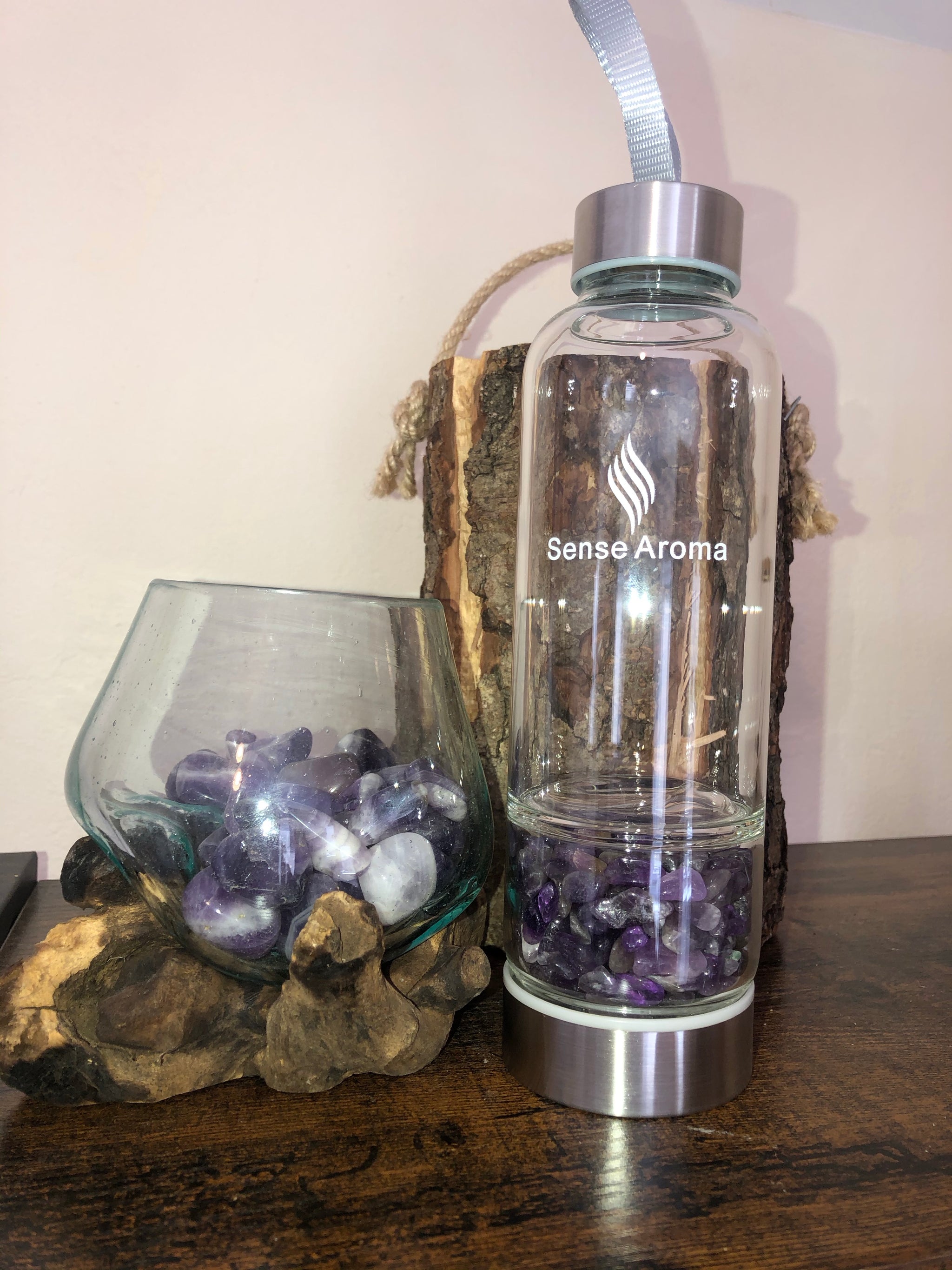 直販本物 Crystal Elixir Glass Water Bottle with Amethyst Gemstone Healing Cryst 